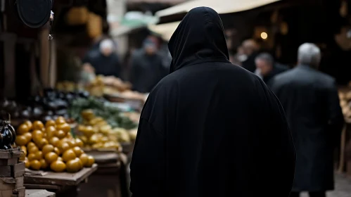 Hooded Figure in Urban Market Scene