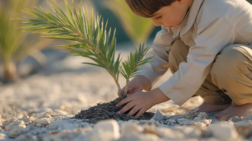 Young Boy Plants a Palm Tree