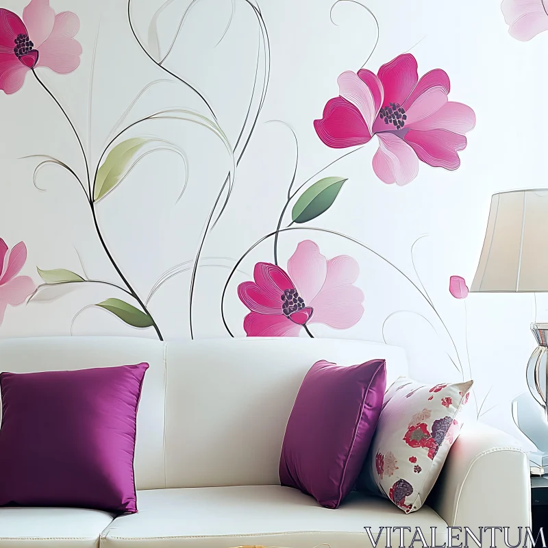 Modern Interior with Pink Floral Wallpaper AI Image