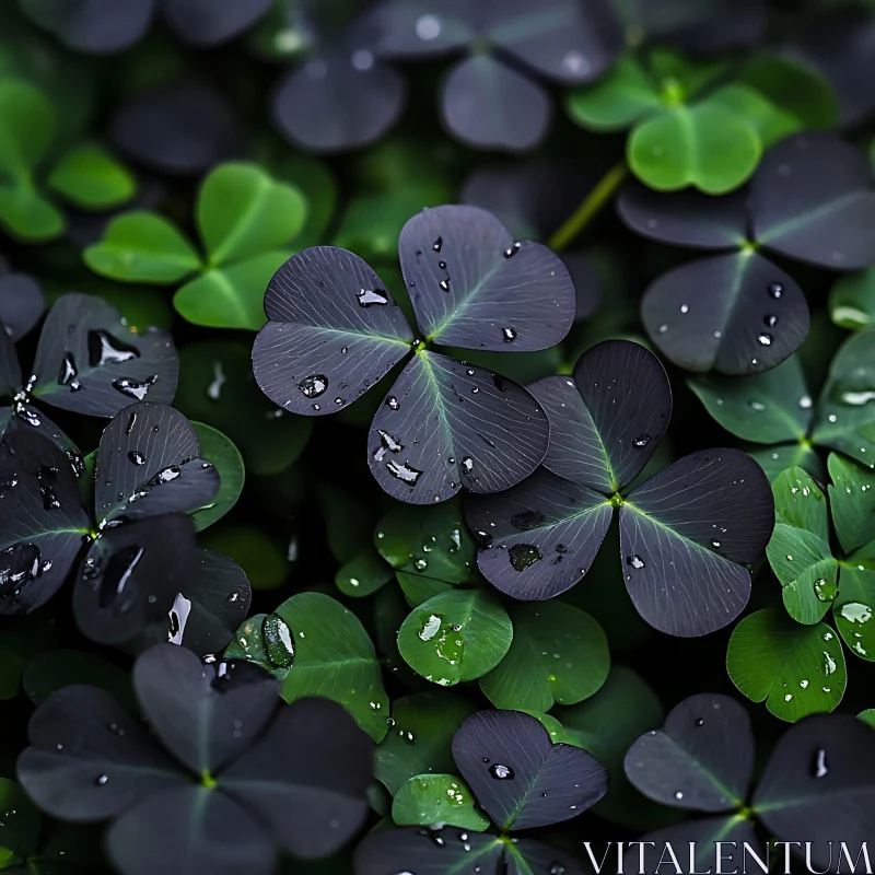 Raindrop-Kissed Clover Leaves in Varying Shades of Green AI Image