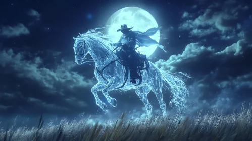 Mystical Horse Rider in Blue Night