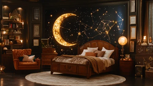 Cozy Bedroom with Celestial Wall Decor