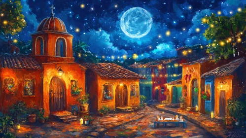 Nightscape Painting with Moon and Buildings