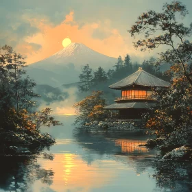 Serene Temple by Lake at Sunset