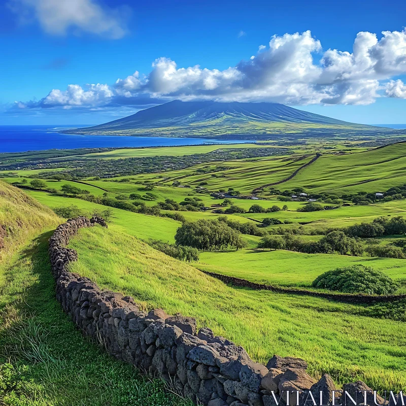 Scenic Landscape with Stone Wall AI Image