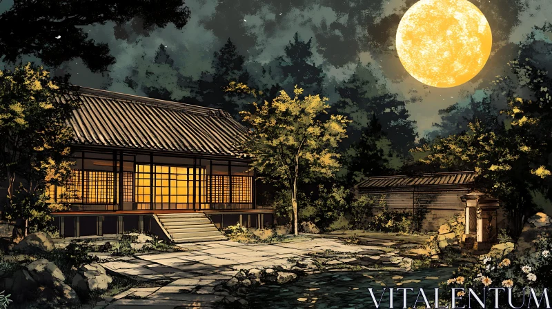 Japanese Architecture under Moonlight AI Image