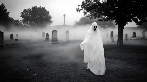 Spectral Figure in a Misty Graveyard