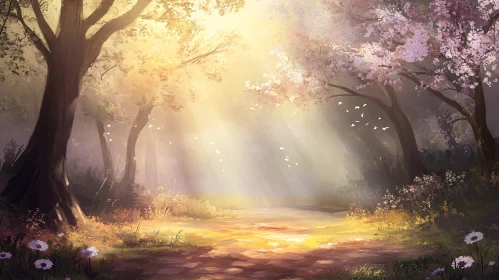 Tranquil Forest Scene with Sunlit Path