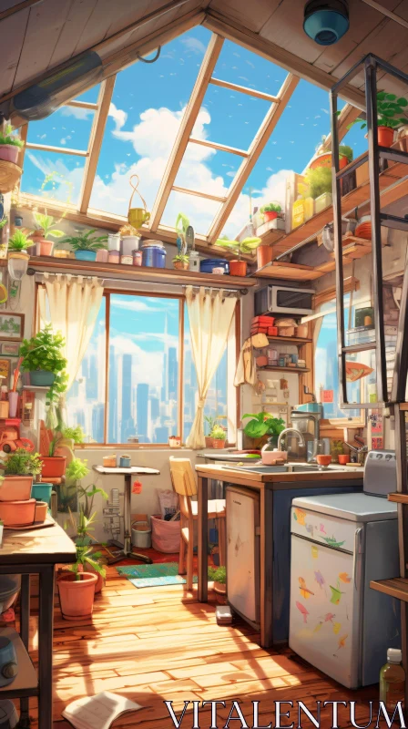 AI ART Sunlit Kitchen with Urban Panorama