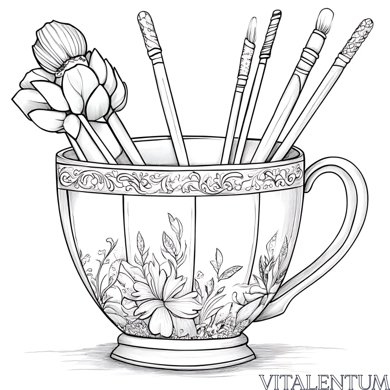 Artistic Teacup Drawing Holding Paintbrushes AI Image