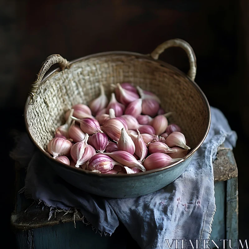 Organic Garlic Arrangement in Woven Basket AI Image