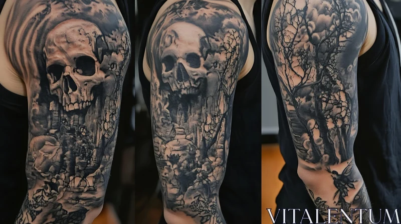 Horror-Themed Skull Sleeve Tattoo Art AI Image