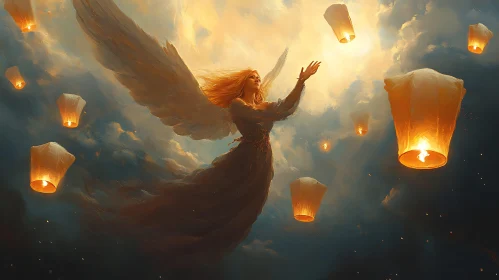 Celestial Angel with Floating Lanterns