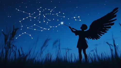 Winged Angel Shaping Stars with Magic Wand