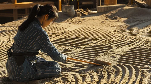 Woman Creating Patterns in Sand