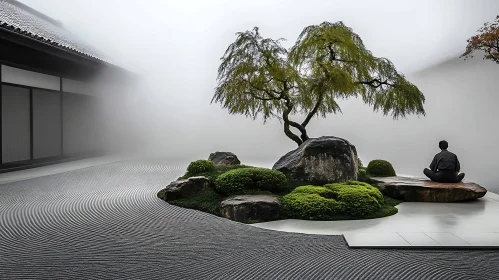 Mist-Enshrouded Zen Garden Meditation Scene