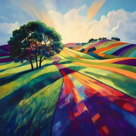 Vibrant Landscape with Striped Hills and Path