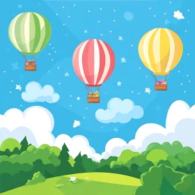 Whimsical Balloon Flight Cartoon Illustration