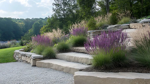 Landscaped Stone Stairway with Floral Accents