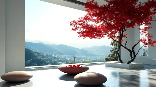 Minimalist Interior with Red Foliage and Stones