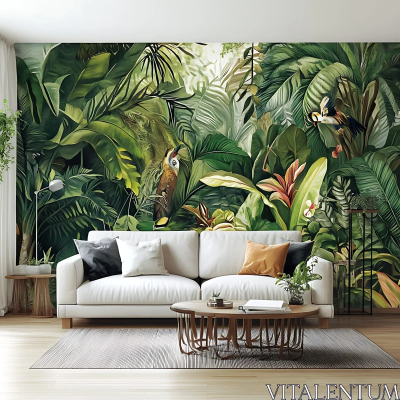 AI ART Tropical Foliage and Birds Wall Decor