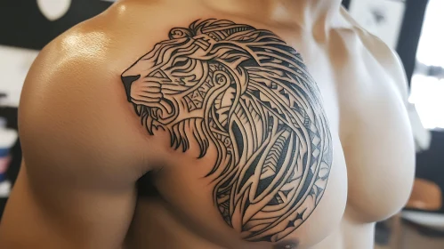 Detailed Tribal Lion Chest Tattoo