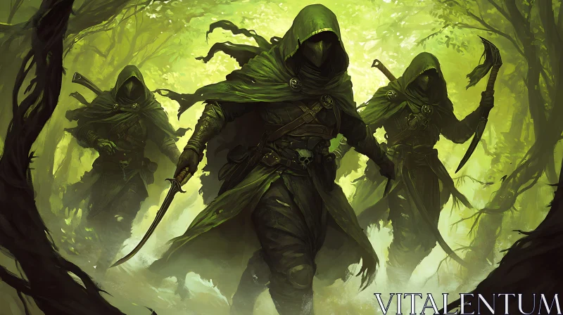 AI ART Green Hooded Figures in the Woods