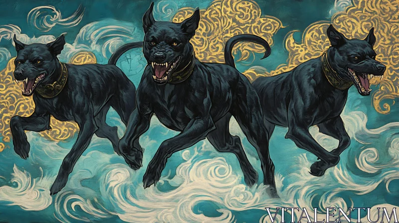 Three Black Dogs in a Storm AI Image