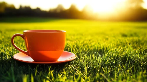 Orange Cup on Lawn at Sunrise