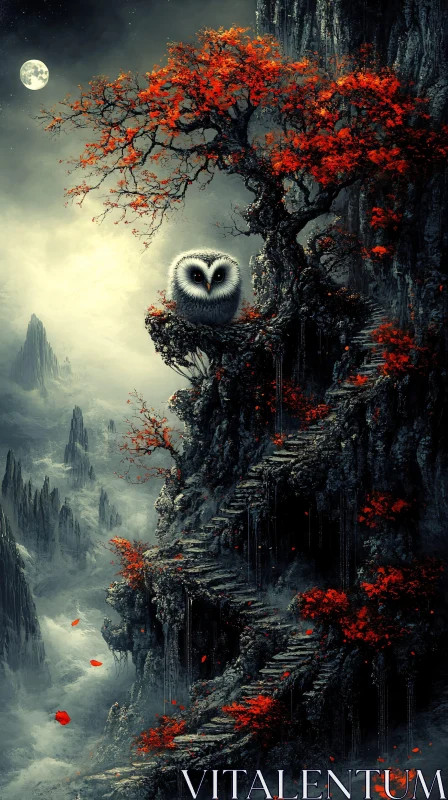 Owl and Red Leaves Under Moonlight AI Image