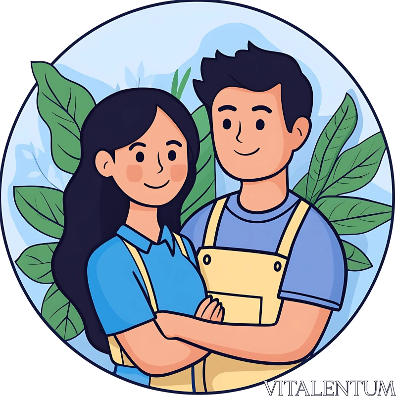 AI ART Smiling Cartoon Couple Portrait with Green Leaves