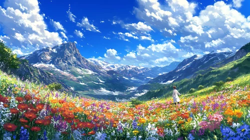 Colorful Flower Meadow with Mountain Backdrop