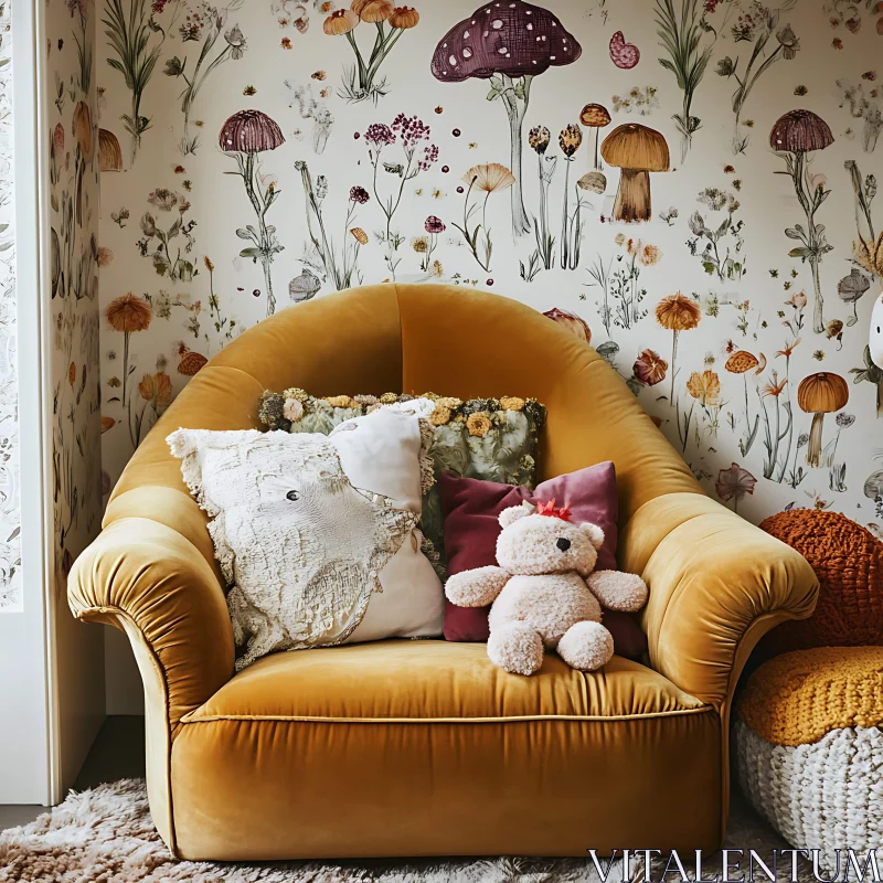 AI ART Armchair with Pillows and Teddy Bear