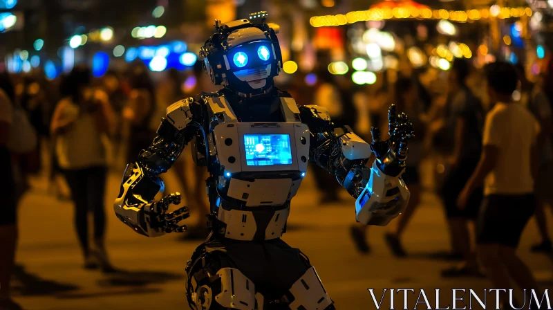 Robot with Blue Eyes in Lively Night Scene AI Image