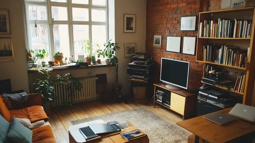 Comfortable Interior With Bookshelf and Plants