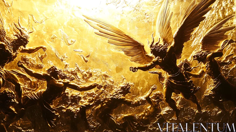 AI ART Angelic Conflict: A Golden Sculpture Depiction