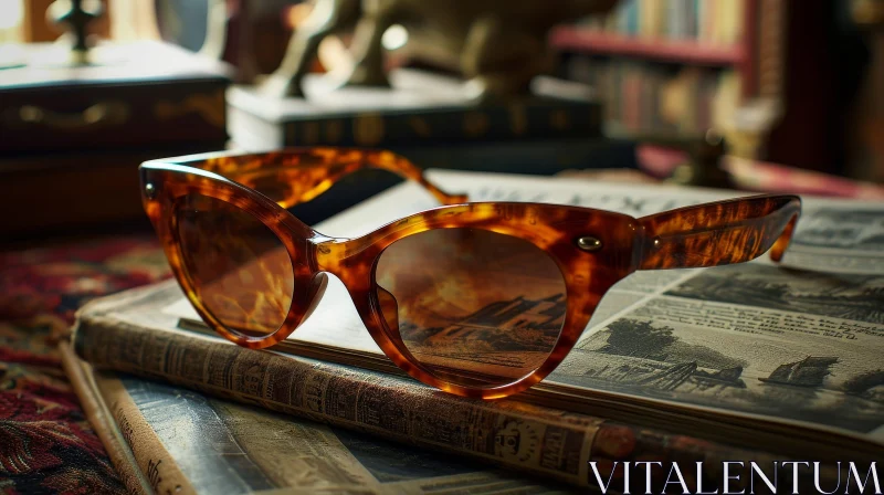 Brown Tortoiseshell Sunglasses on Books with Reflective Image AI Image