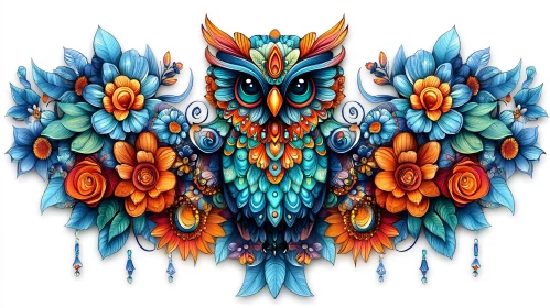 Vivid Art of Owl with Flowers