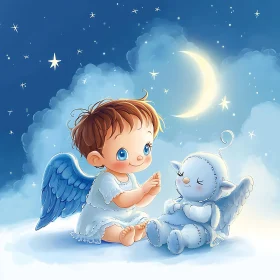 Dreamy Angel and Sheep Under the Moon