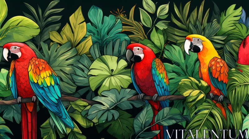 Colorful Tropical Parrots Amidst Jungle Illustration AI Image
