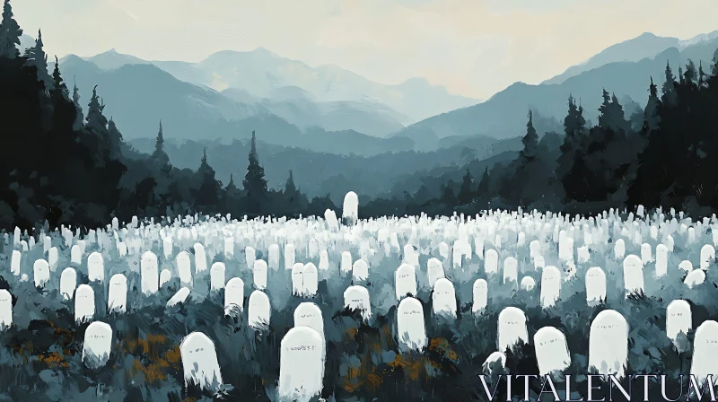 AI ART White Tombstones Field with Trees