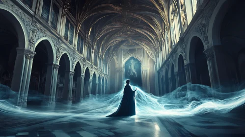 Grand Hall Interior with Glowing Figure
