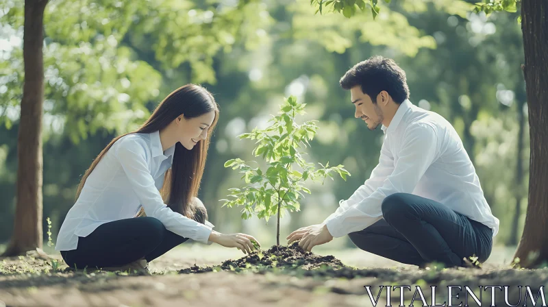 Planting a Tree Together: A Symbol of Growth AI Image