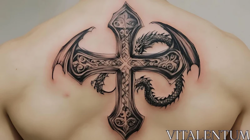 Ornate Dragon and Cross Tattoo Design AI Image