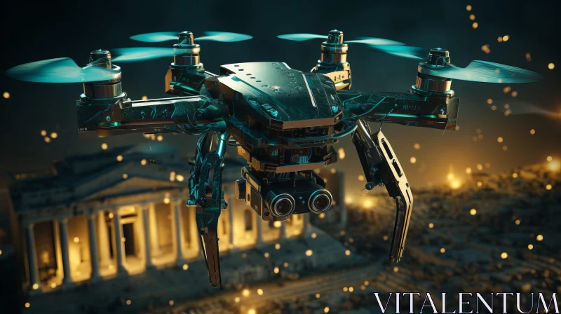 Futuristic Drone over Ancient Building with Night Lights AI Image