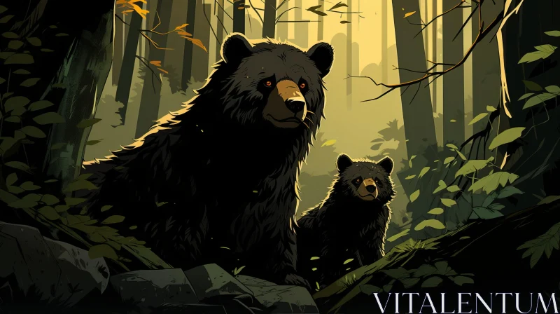 Graphic Novel Inspired Illustration of Bears in Forest AI Image