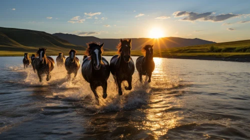 Mares Running in River at Sunset - Native American Style Art