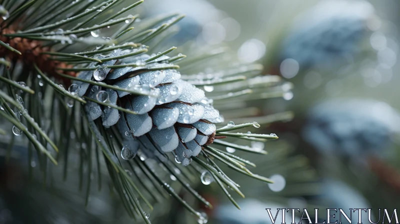 Snow-Covered Blue Pine Cone - A Stunning Display of Nature's Beauty AI Image