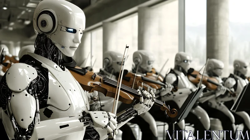 Robotic Orchestra Performing Violin Concert AI Image