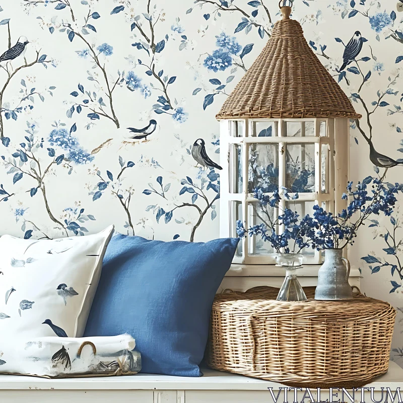 AI ART Blue Floral and Bird Home Interior